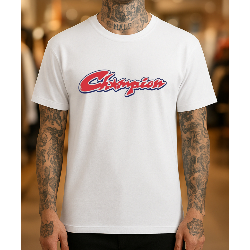 Camiseta Unissex Masculina Estilo Casual Estampada Champion – T-Shirt Branca Streetwear Tendência