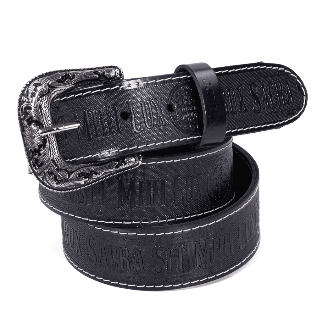 Cinto Masculino Country Cruz Sagrada São Bento Fivela Entalhada Couro Estilo Cowboy Pampa’s Country