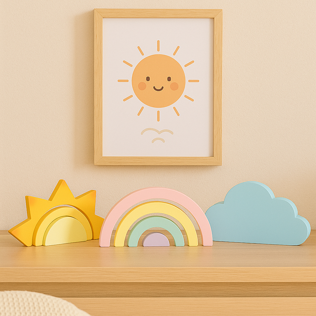 Trio Enfeite MDF Menino Menina Arco-Íris Sol Nuvem Colorido Azul Rosa Branco Decoração Quarto Infantil em Oferta na Shopee