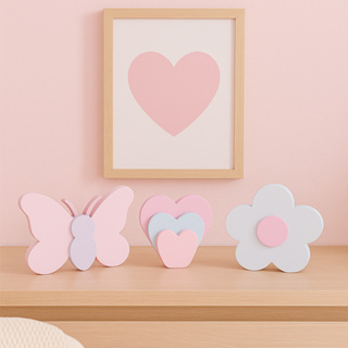 Kit Decoração Infantil Para Prateleira Flor Borboleta Trio Coração Quarto Brinquedoteca em Oferta na Shopee