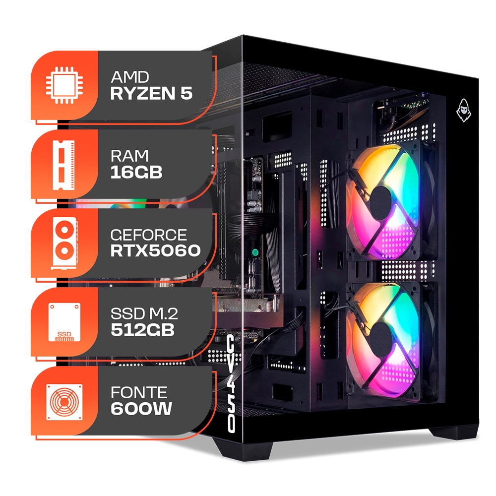 PC Gamer Titan Pro, AMD RYZEN 5 5500, GeForce RTX 5060 8GB, 16GB DDR4, SSD M.2 512GB, Fonte 600W 80 Plus em Oferta na Shopee