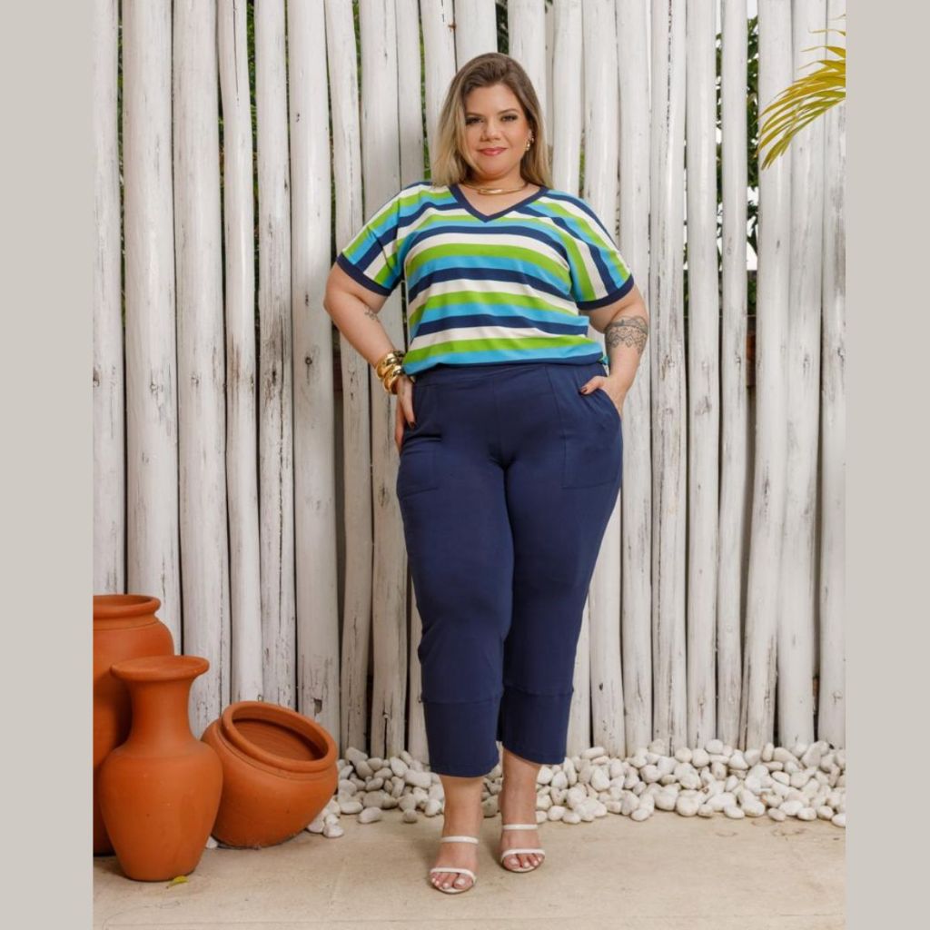 Conjunto Verão Blusa Listrada Manga Curta e Calça Capri Plus Size em Oferta na Shopee