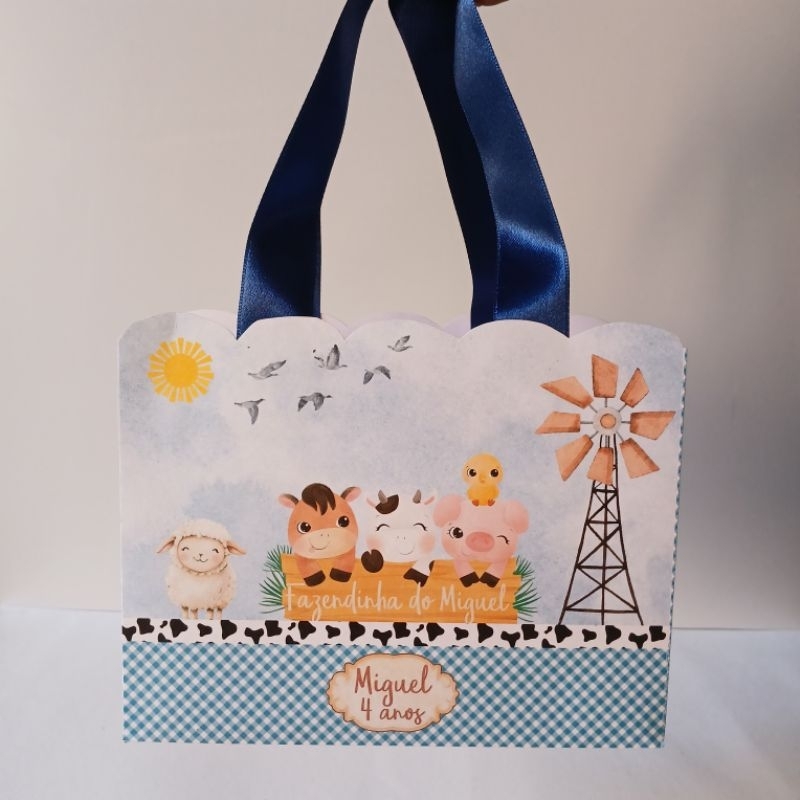 KIT 10 Sacolinhas Personalizadas Fazendinha Azul - Lembrancinhas Personalizadas Fazendinha Menino