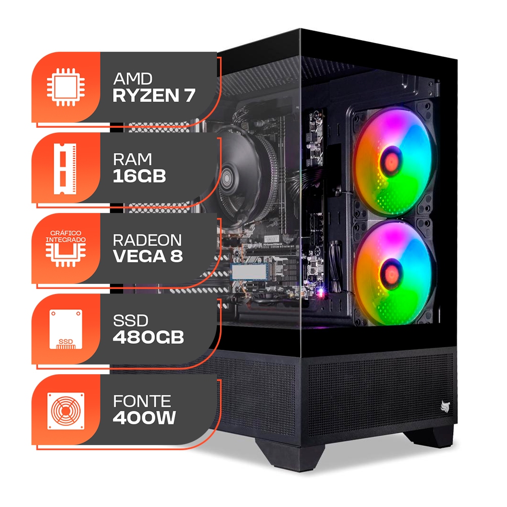 PC Gamer Forge, AMD Ryzen 7 5700G, 16GB DDR4, SSD 480GB, Fonte 400W 80 Plus