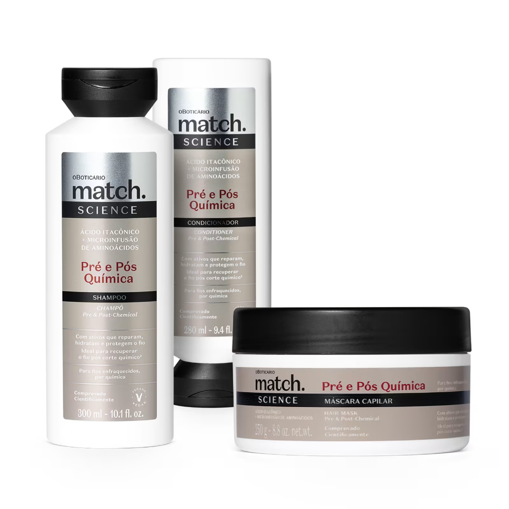 Combo Match Science Pré e Pós-Química: Shampoo 300ml + Máscara Capilar 250g + Condicionador 280ml- PRODUTO ORIGINAL