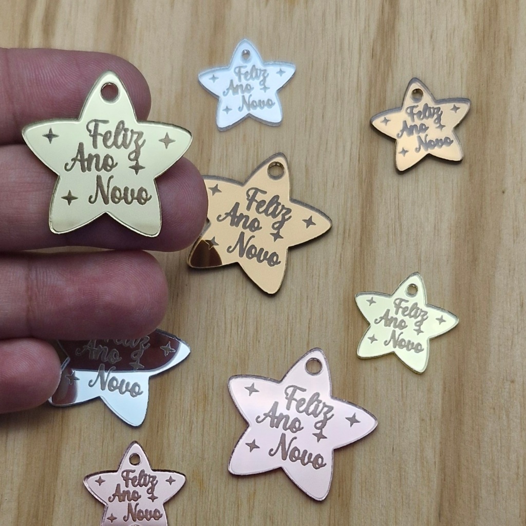 APLIQUE Estrelal "Feliz Ano Novo" PINGENTE / TAG - Acrílico Espelhado