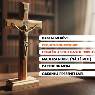 CRUCIFIXO MADEIRA MESA OU PAREDE CRISTO C/ SÃO BENTO COM CHAGAS 09cm, 12cm ou 19cm em Oferta na Shopee
