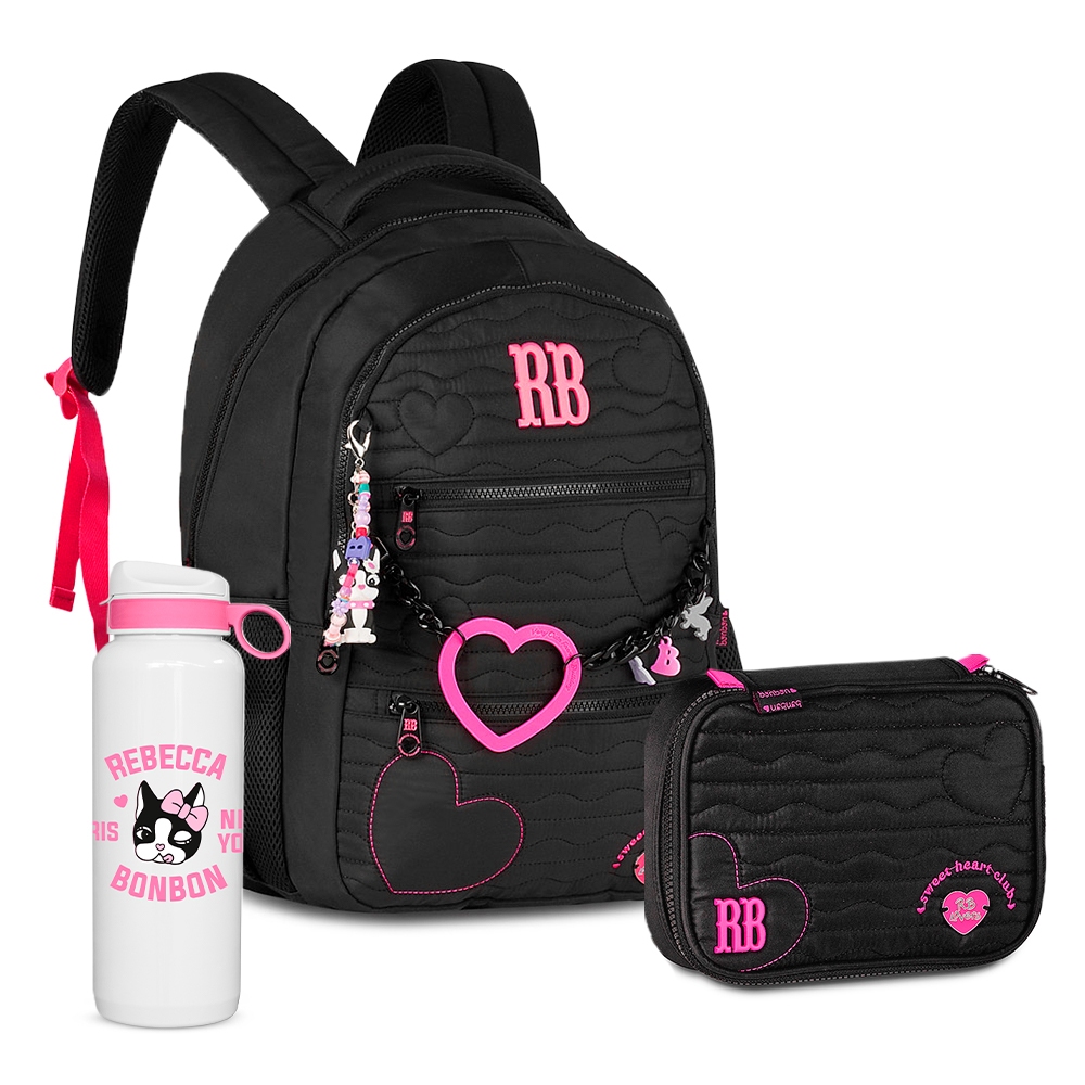 Kit Mochila Rebecca Bonbon Feminina Pompom Poliéster Soft Costas Com Estojo Box Amplo Aula