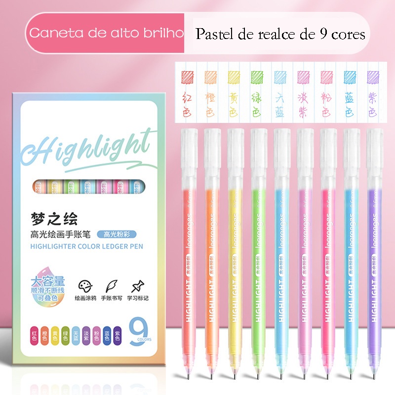 Kit Com 9 Canetas Esferograficas Coloridas Neon Highlighter Criativa e Artística em Oferta na Shopee