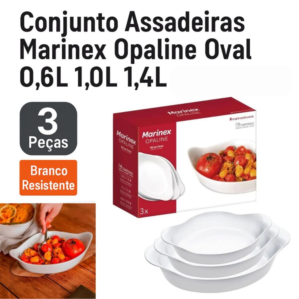 Kit Assadeiras Marinex 3 Peças Vidro Temperado Forno Resistente Microondas 0,6L 1L 1,4L