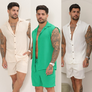 Conjunto Regata Lenhador Machão Masculino Botão Côco Viscolinho Natal Réveillon Praia Branco em Oferta na Shopee