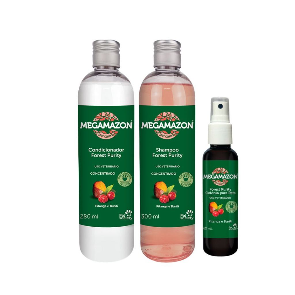Kit Cães Gatos Megamazon Forest Purity Pitanga e Buriti (Shampoo, Condicionador e Colônia)