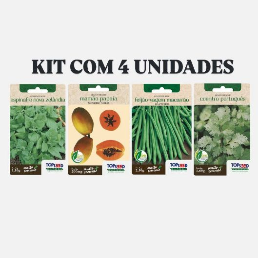 Kit com 4 Sementes de Espinafre Nova Zelândia/Mamão Papaia/Vagem Macarrão/Coentro Português