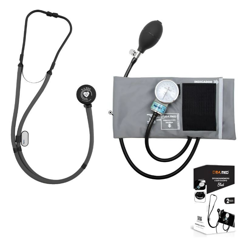 kit Estetoscópio Linha Black Total Rappaport + Aparelho de Pressão PAMED Esfigmomanômetro Cinza Black