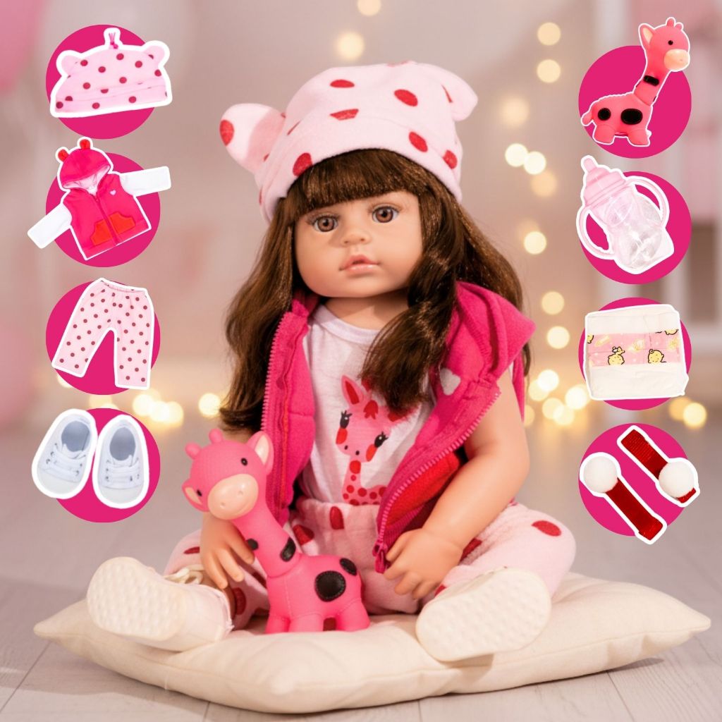 Boneca Bebê Reborn Girafinha Realista Silicone 45cm Roupinha Mamadeira em Oferta na Shopee