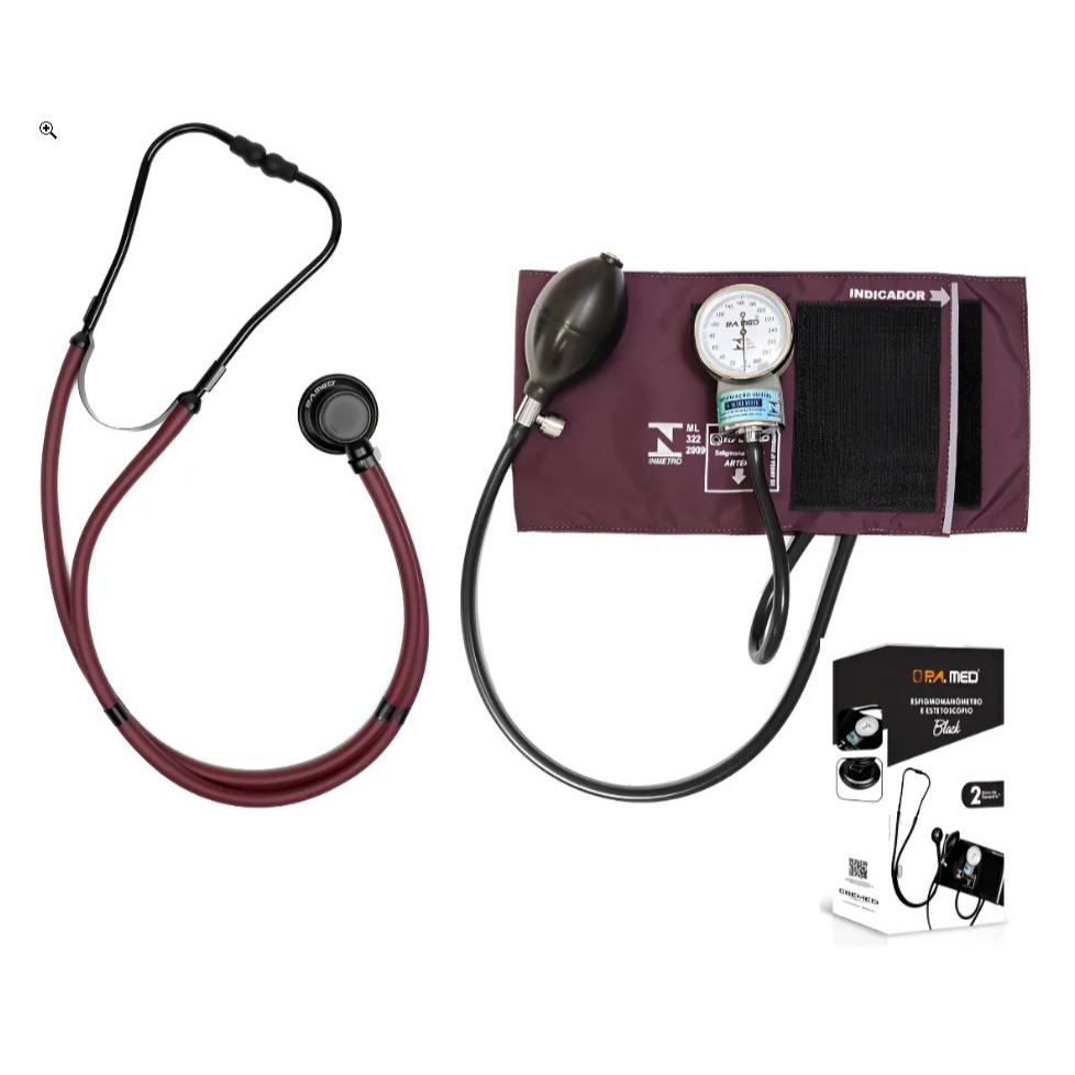 kit Estetoscópio Linha Black Total Rappaport + Aparelho de Pressão PAMED Esfigmomanômetro Black Bordo