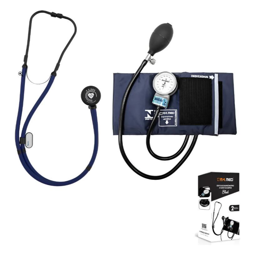 kit Estetoscópio Linha Black Total Rappaport + Aparelho de Pressão PAMED Esfigmomanômetro Azul Black