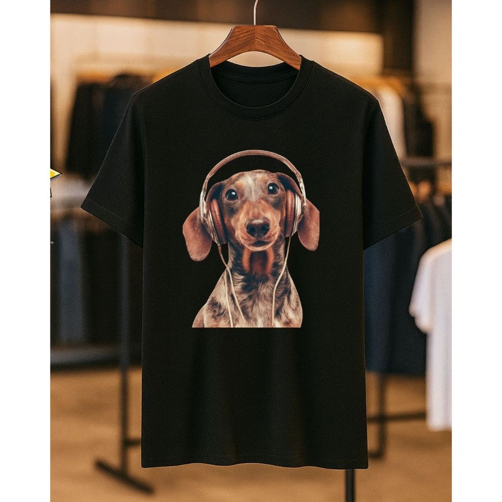 Camiseta Feminina e Masculina Unissex de Algodão Estampada com Design Elegante Cachorro Com Fone de Ouvido Estiloso, T-s