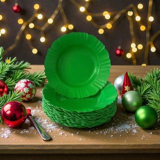Kit até 50 Prato Fundo com Borda Verde Refeição Churrasco Festa Pratos Plastico Natal