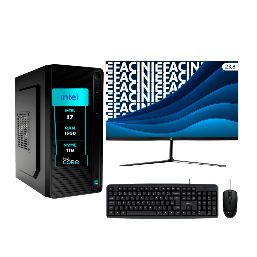 Computador Pc Completo Intel Core i7, 16GB, Windows 11 Pro, Monitor 24 Polegadas, Ssd eFacini 1TB