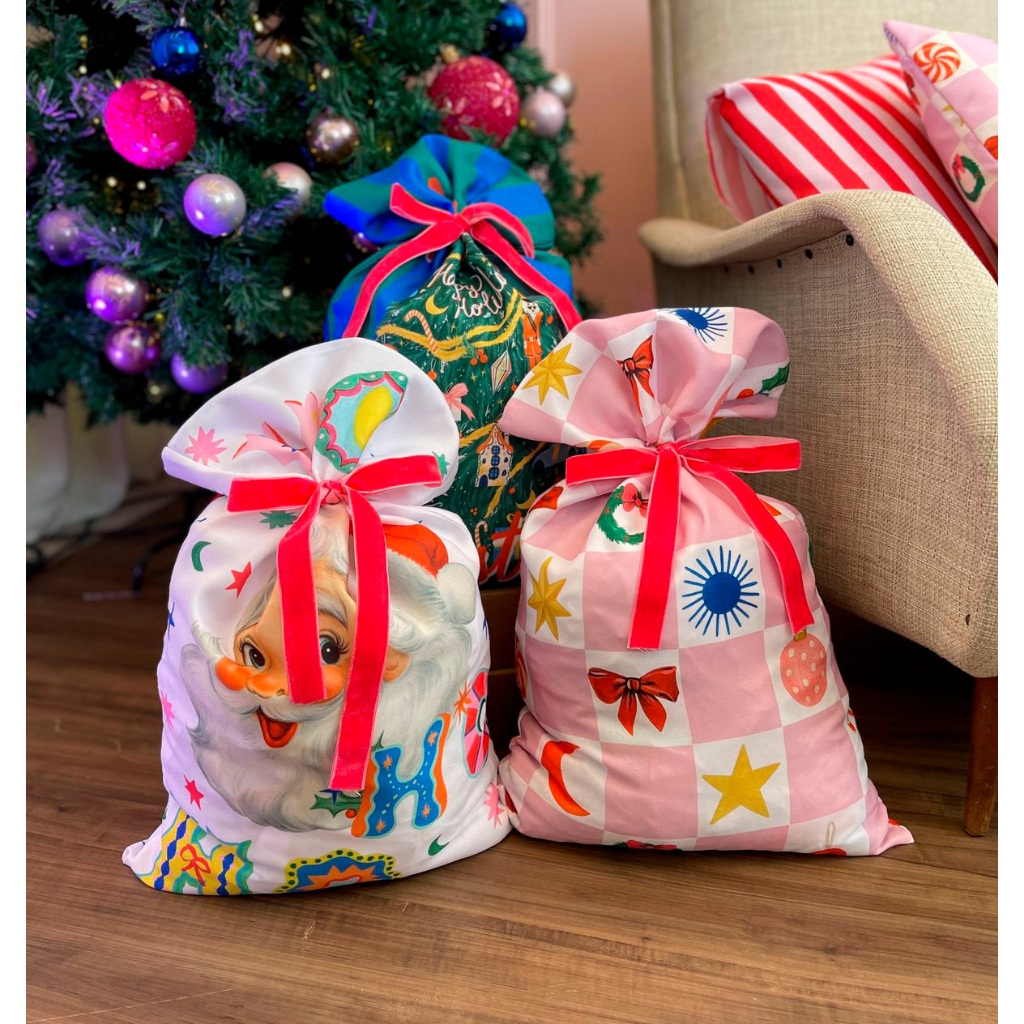 Saco de Presente Em Tecido Estampado Natal Mag Merry