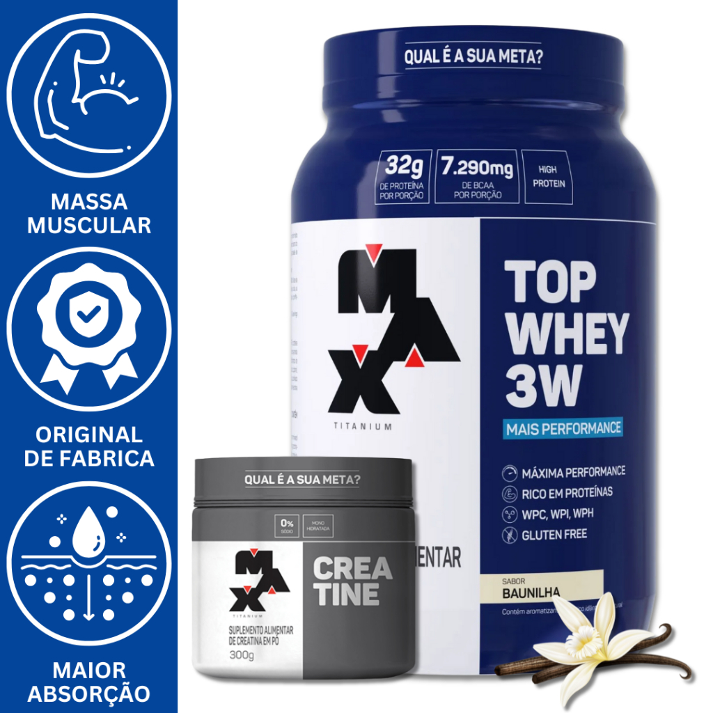 KIT HIPERTROFIA MAX - TOP WHEY 3W MAIS PERFORMANCE 900G + CREATINA MONOHIDRATADA 300G
