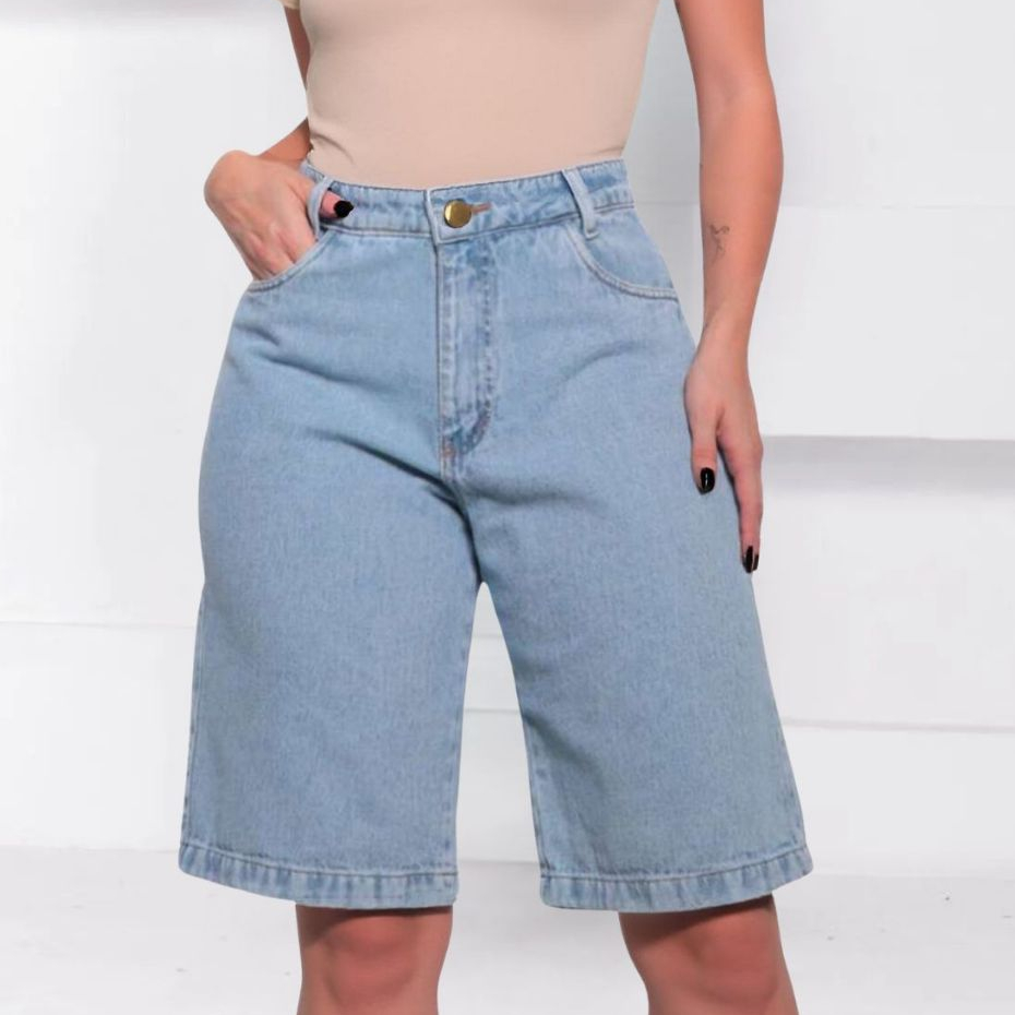 Bermuda feminina  Jorts sem Lycra Clara 100% Algodão Cintura Alta Meia coxa Ciclista Jeans Premium em Oferta na Shopee