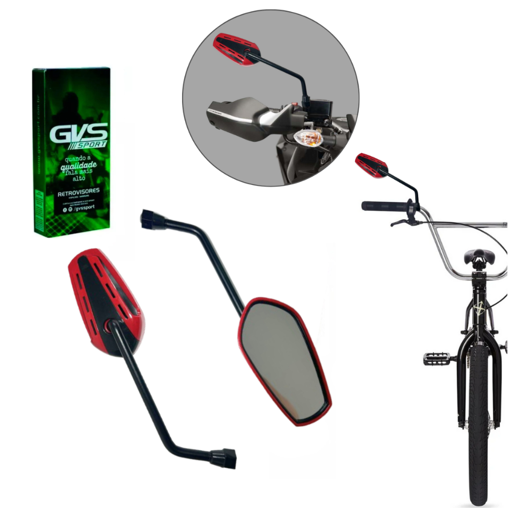Retrovisor Original GVS GTX Vermelho Lente Plana Moto Par Ou Bike Com Adaptador
