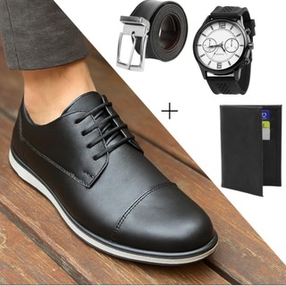 Kit Sapato social italiano oxford esporte fino preto + Relógio + cinto + Carteira