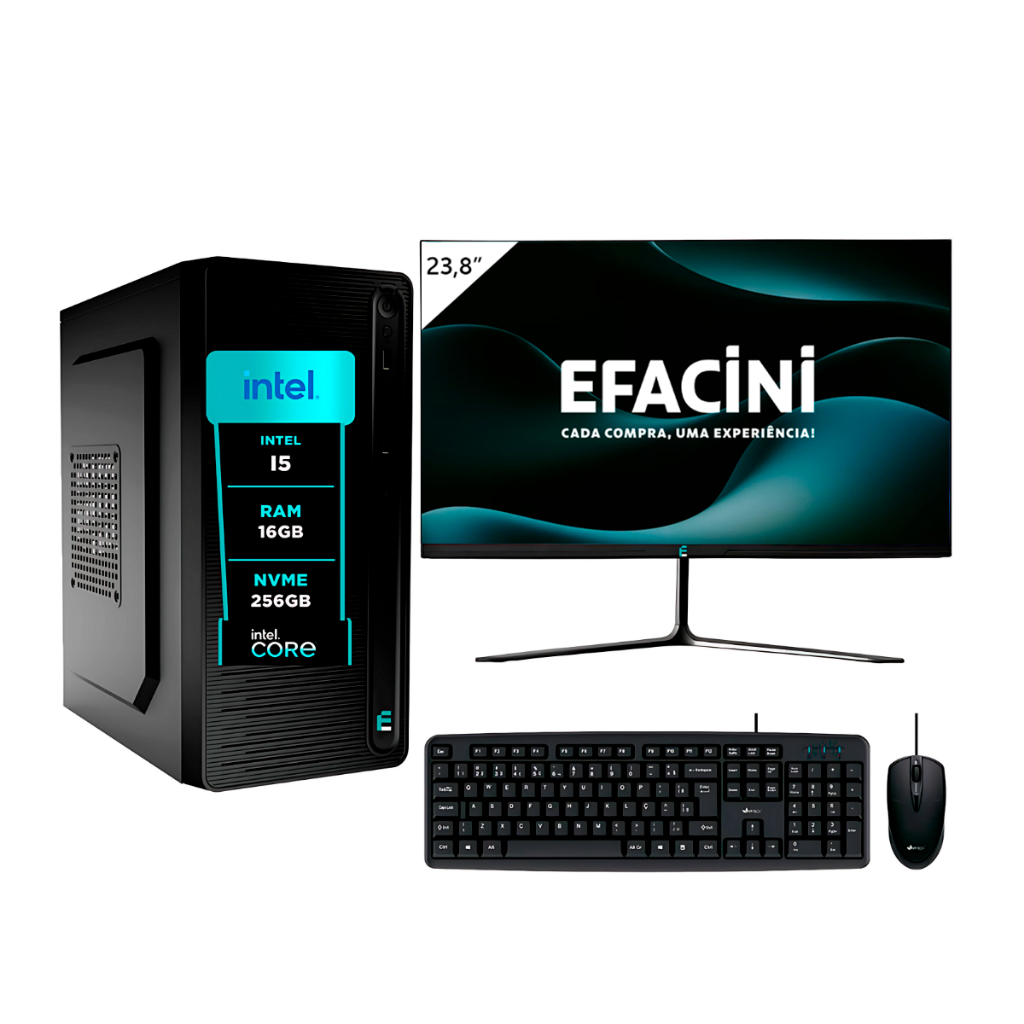 Computador Pc Completo Intel Core i5, 16GB, Windows 11 Pro, Monitor 24 Polegadas, Ssd eFacini 240GB