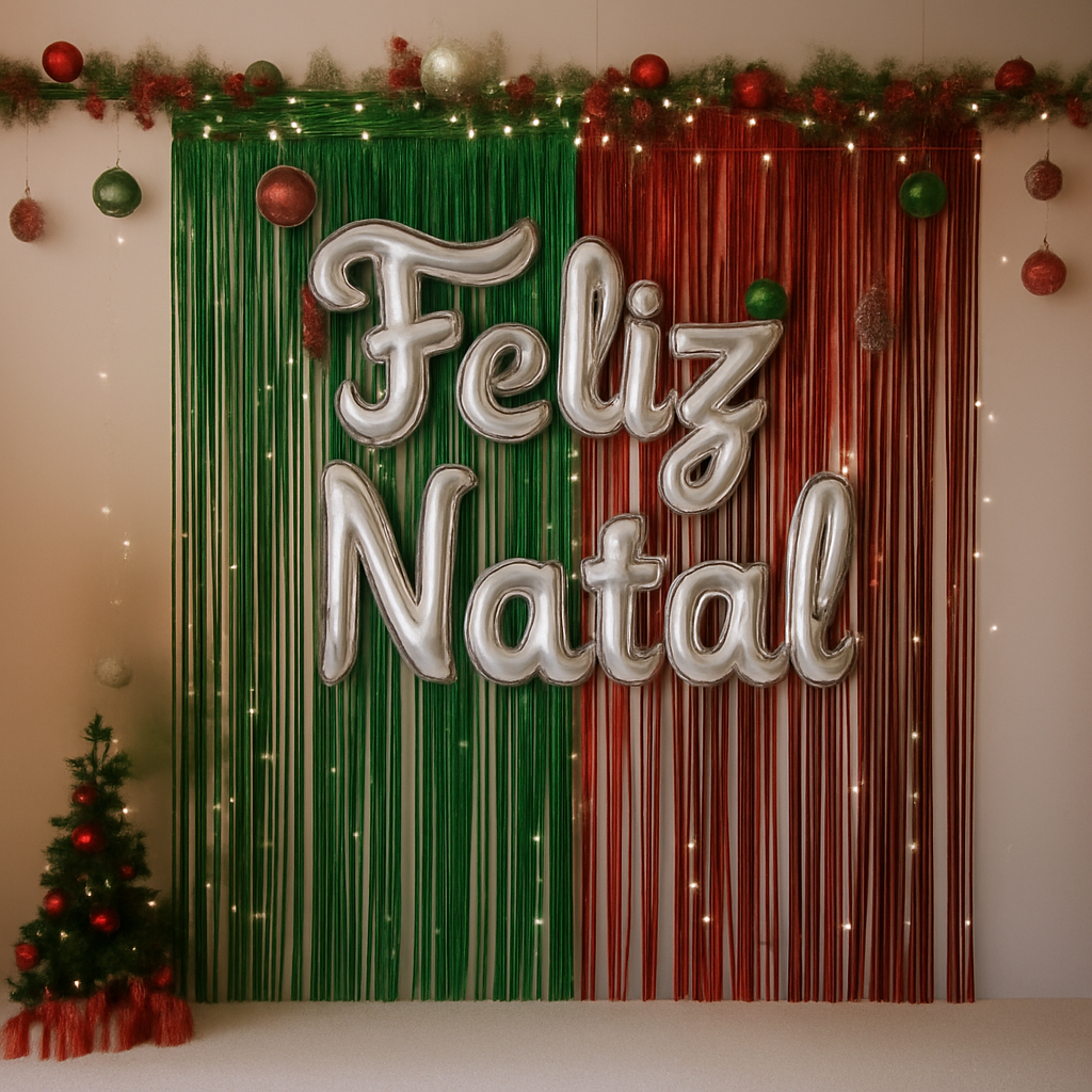 Kit Natalino com Balão Metalizado “Feliz Natal” Cursivo + Cortina Verde Decorativa – Festa de Natal