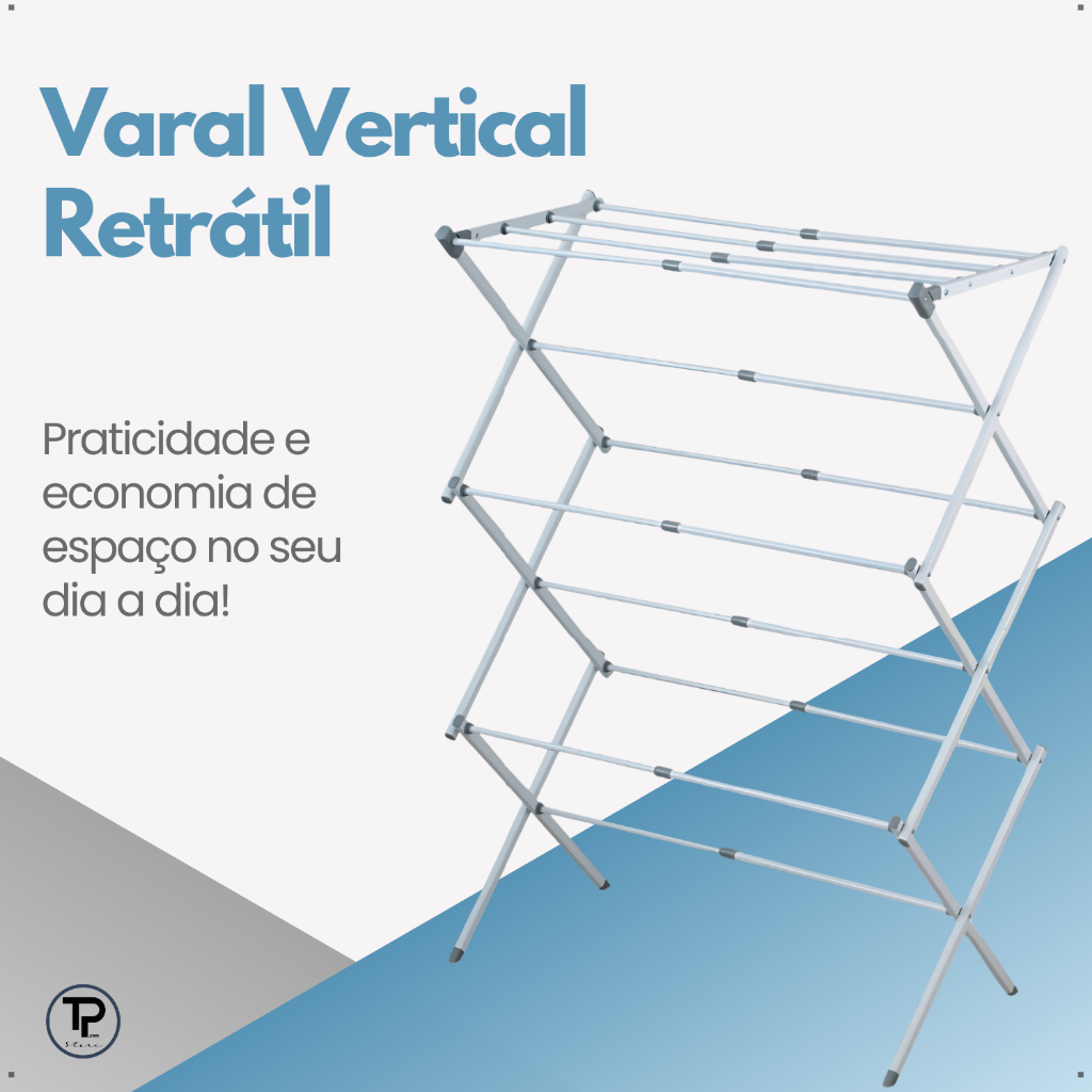Varal Chão Vertical Retrátil Extensível Dobrável Compacto Apartamento Casa Powermaid 10kg Branco