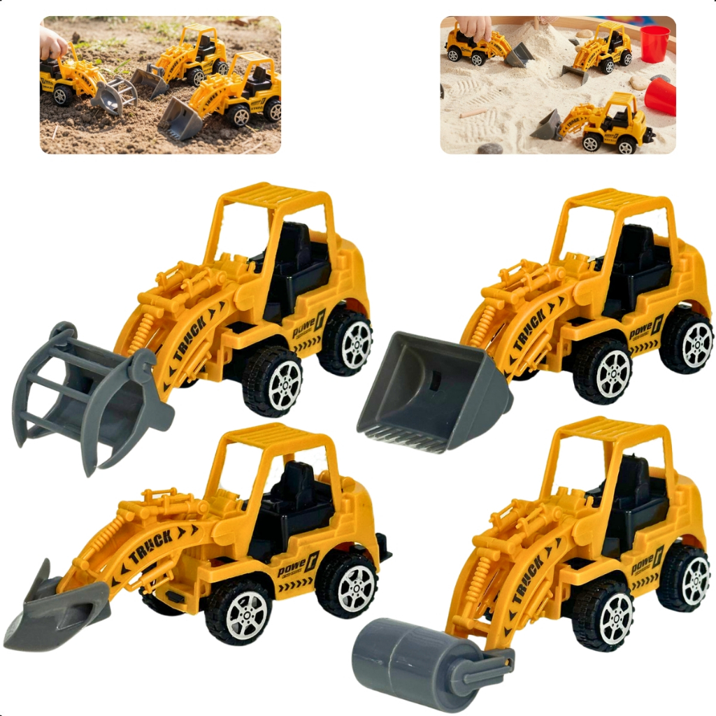 Kit 4 Trator Infantil Sortido A Fricção Trator Com Garra Com Pá Com Escavadeira e Rolo Compactador