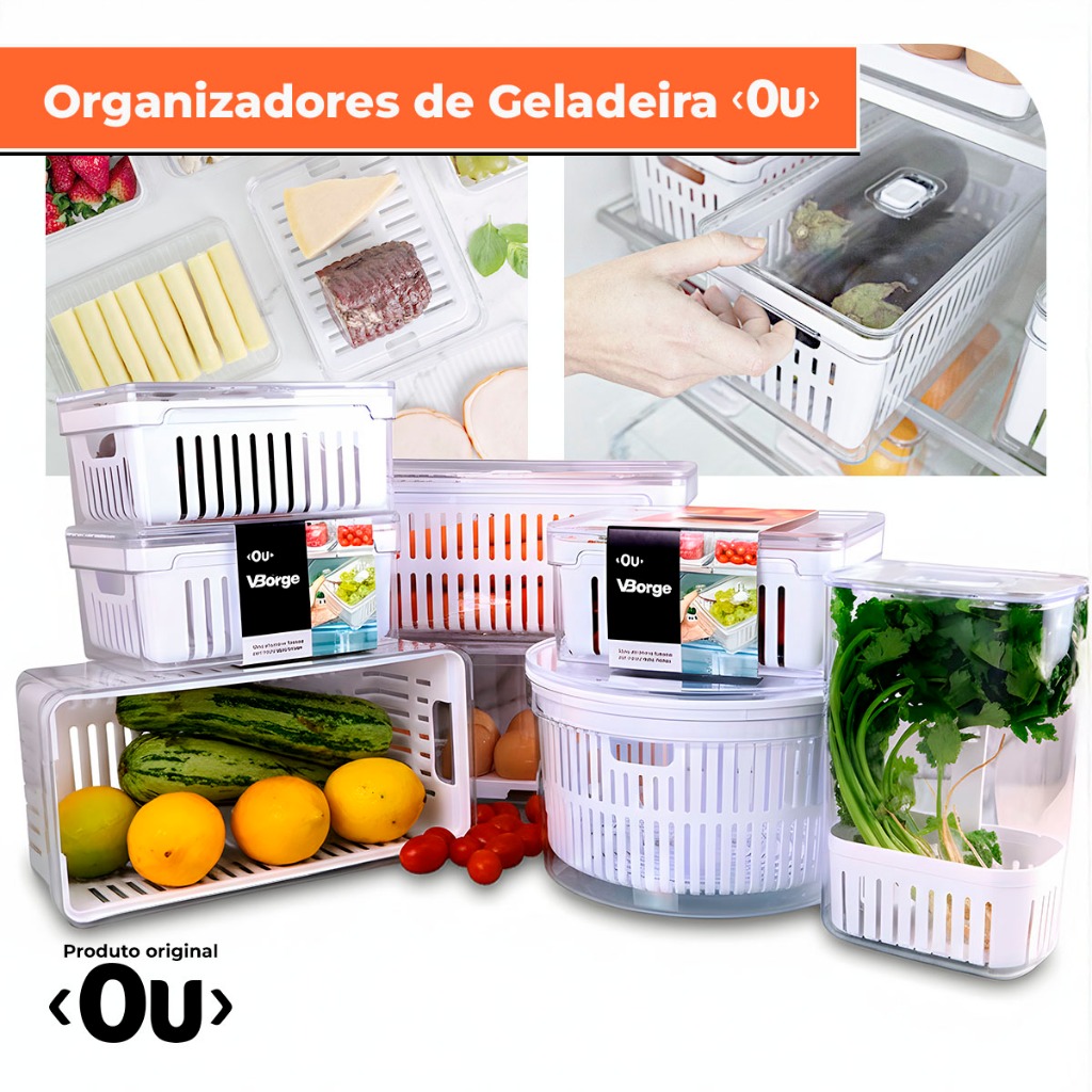 Kit Pote Organizador de Geladeira Com Escorredor Cesto Tampa Multiuso Alimentos Verdura Ve...