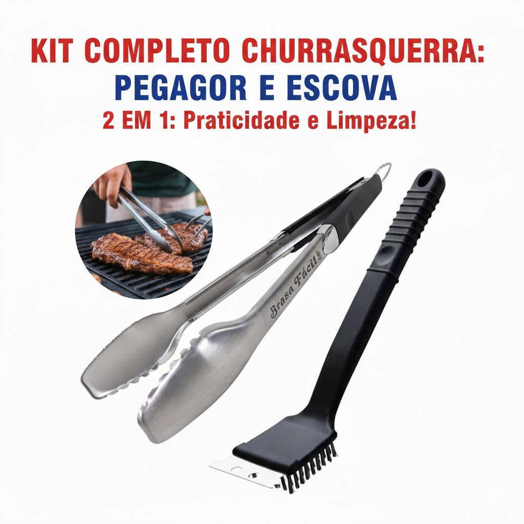 Kit Pegador Inox Universal 45Cm ou Pinça para Alimentos Salada e Churrasco Profissional Cabo Longo Brasa Fácil+escova