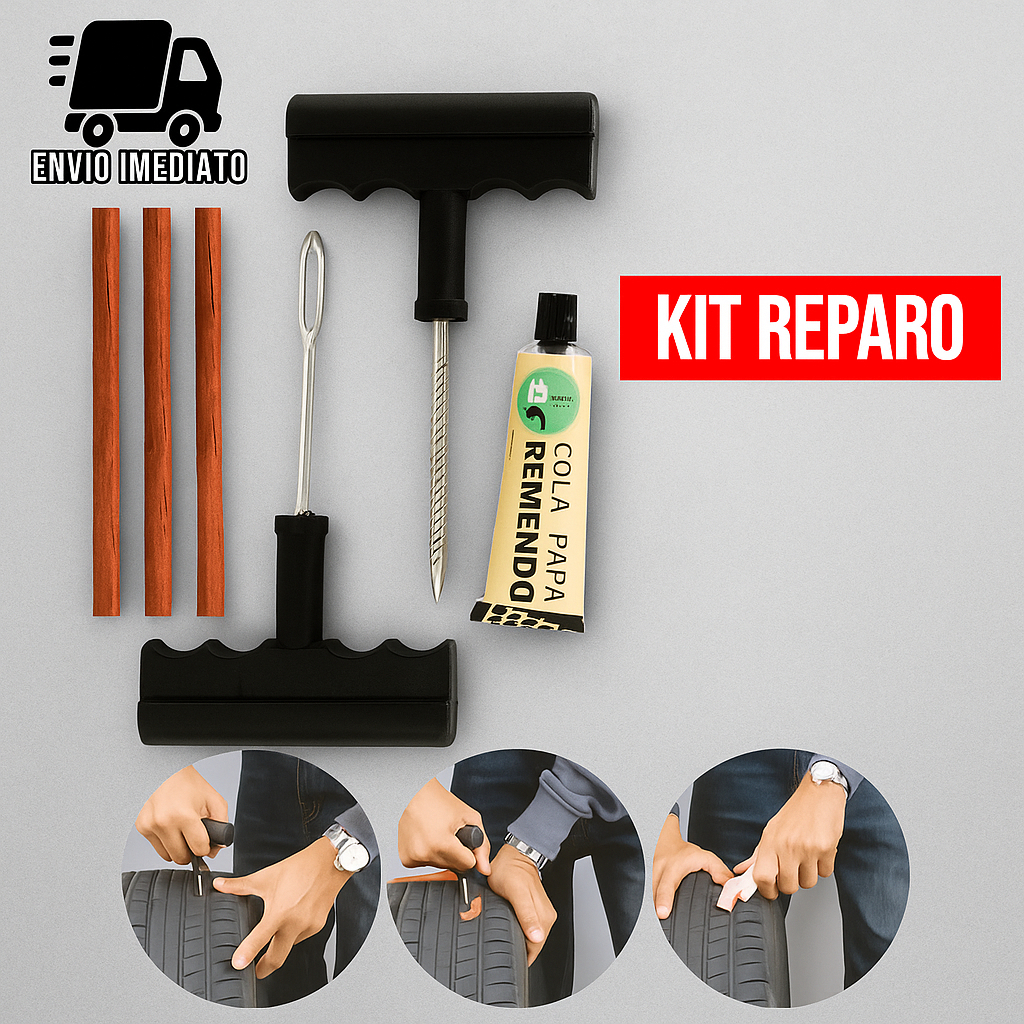 Kit Reparo Pneu sem Camara para Carro e Moto + Refil Selante Macarrão Remendo