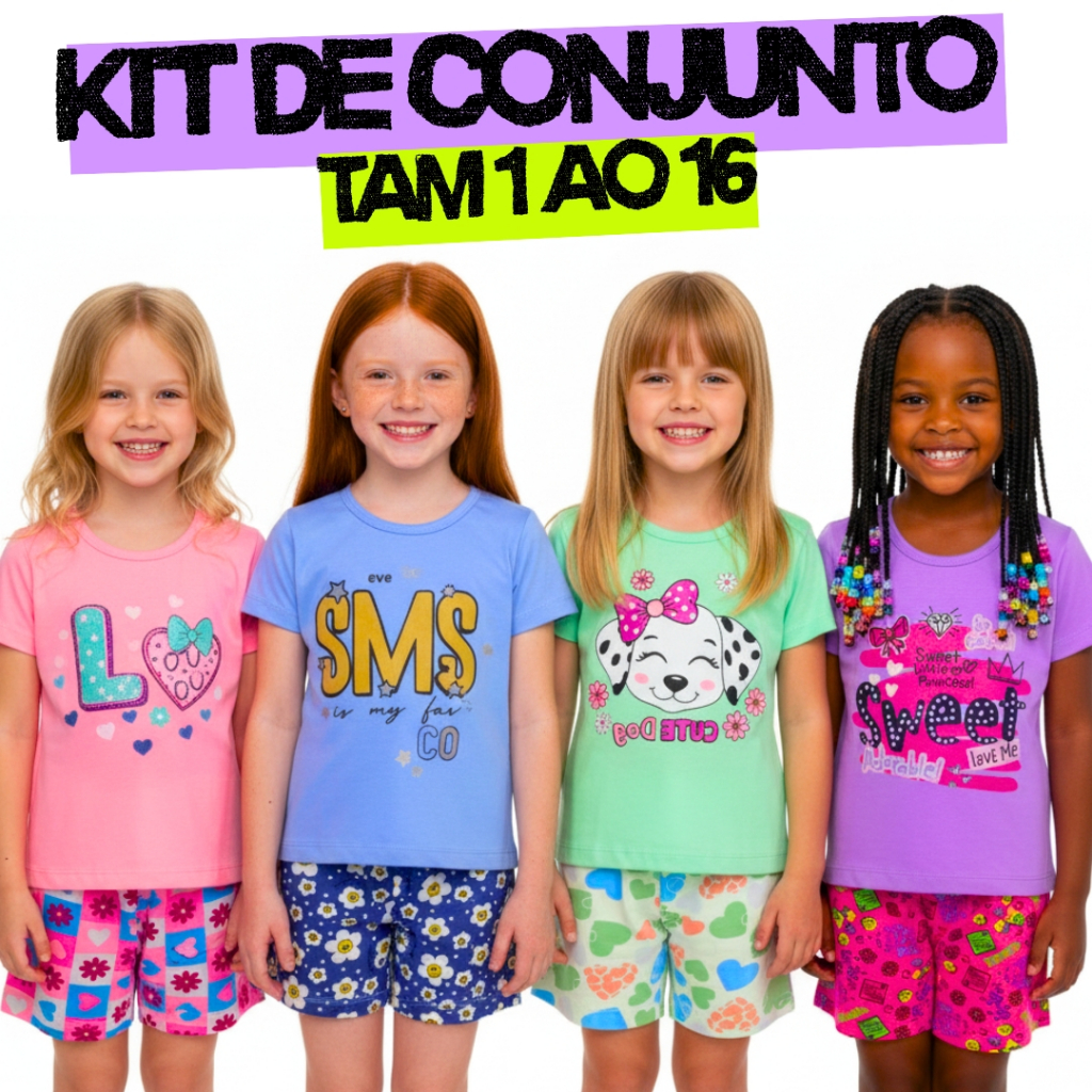 Kit 6 Peças de Roupa Infantil Verão Menina  Juvenil  3 Blusa 3 Short  Cotton  Tamanho 1 ao 16