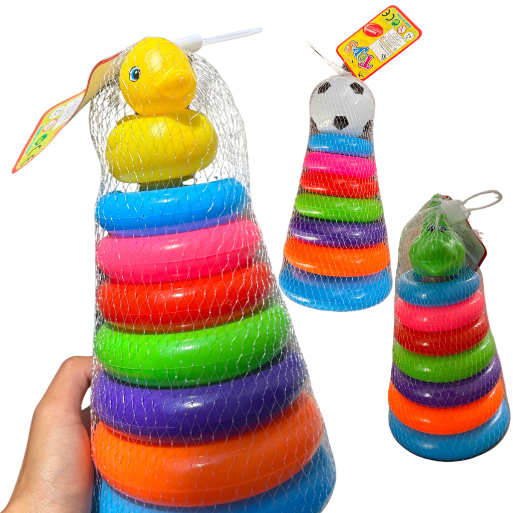 Torre de Argolas Bebê 8 Peças + Bichinho no Topo (Patinho, Jacaré, Bola) Brinquedo Educativo 12+ meses, marca pro