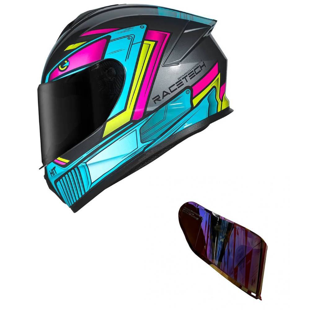 Capacete Race Tech Hit Android Cinza e Rosa Mais Viseira Camaleão Vermelha
