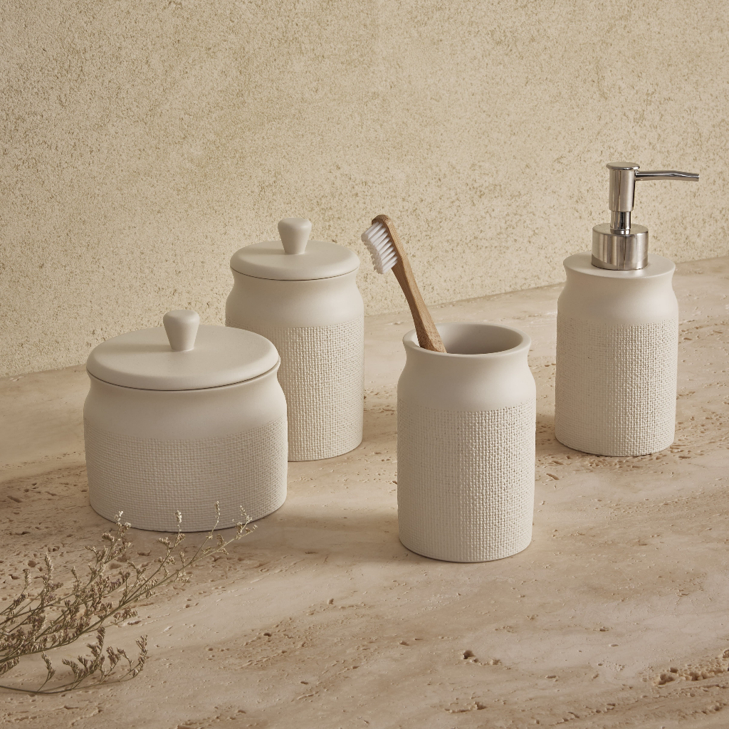 Kit Lavabo Banheiro 4 Peças Dispenser Sabonete Liquido Porta Algodão Cimento Multiuso Objetos Escova