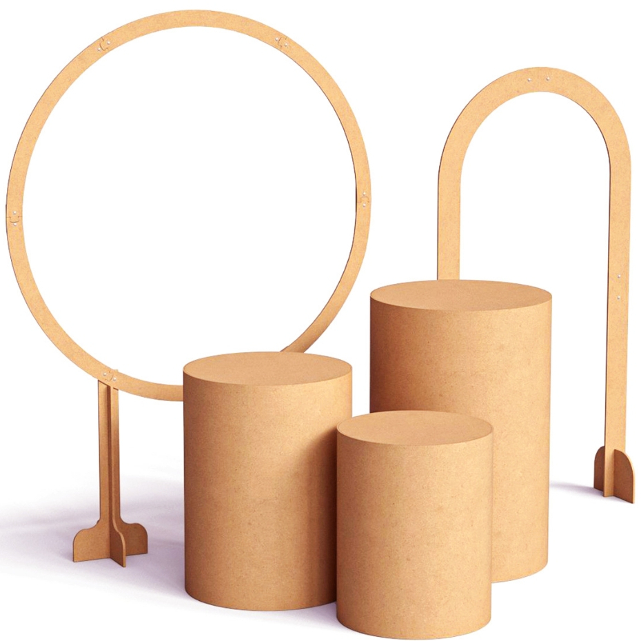 Kit 2 Painéis Para Festa + Trio De Mesas Cilindro Liso Em MDF Cru Liso Para Cenário