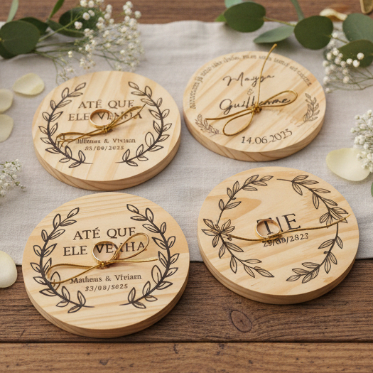 Porta Aliança para Casamento Personalizado de Madeira com suporte e envio imediato