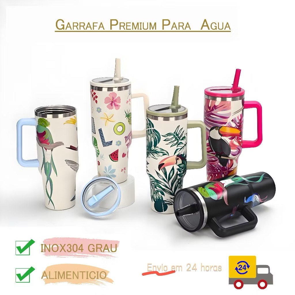 Copo térmico Florido 1200ml Aço inoxidavel Com canudo em Oferta na Shopee