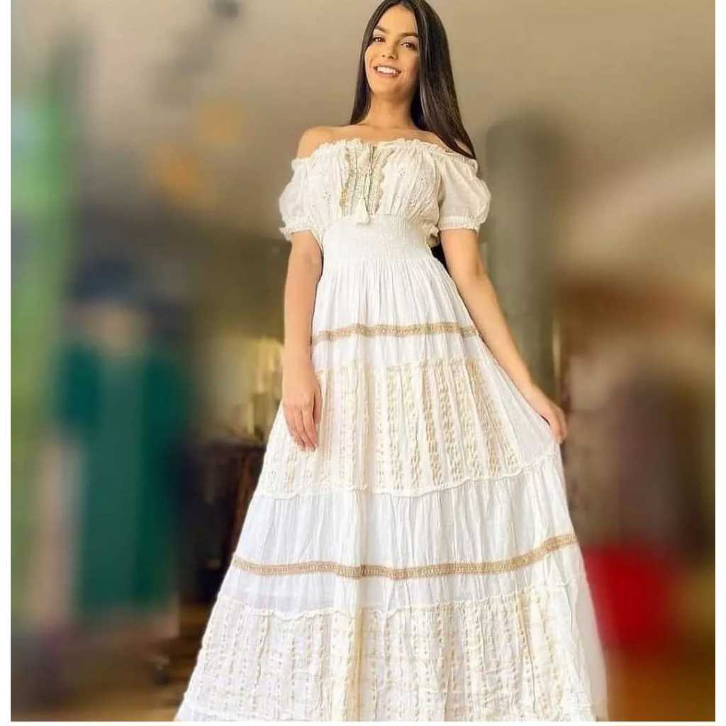 Vestido Feminino Longo Moda Ciganinha Indiana 100% Algodão Ombro a Ombro Belissimo