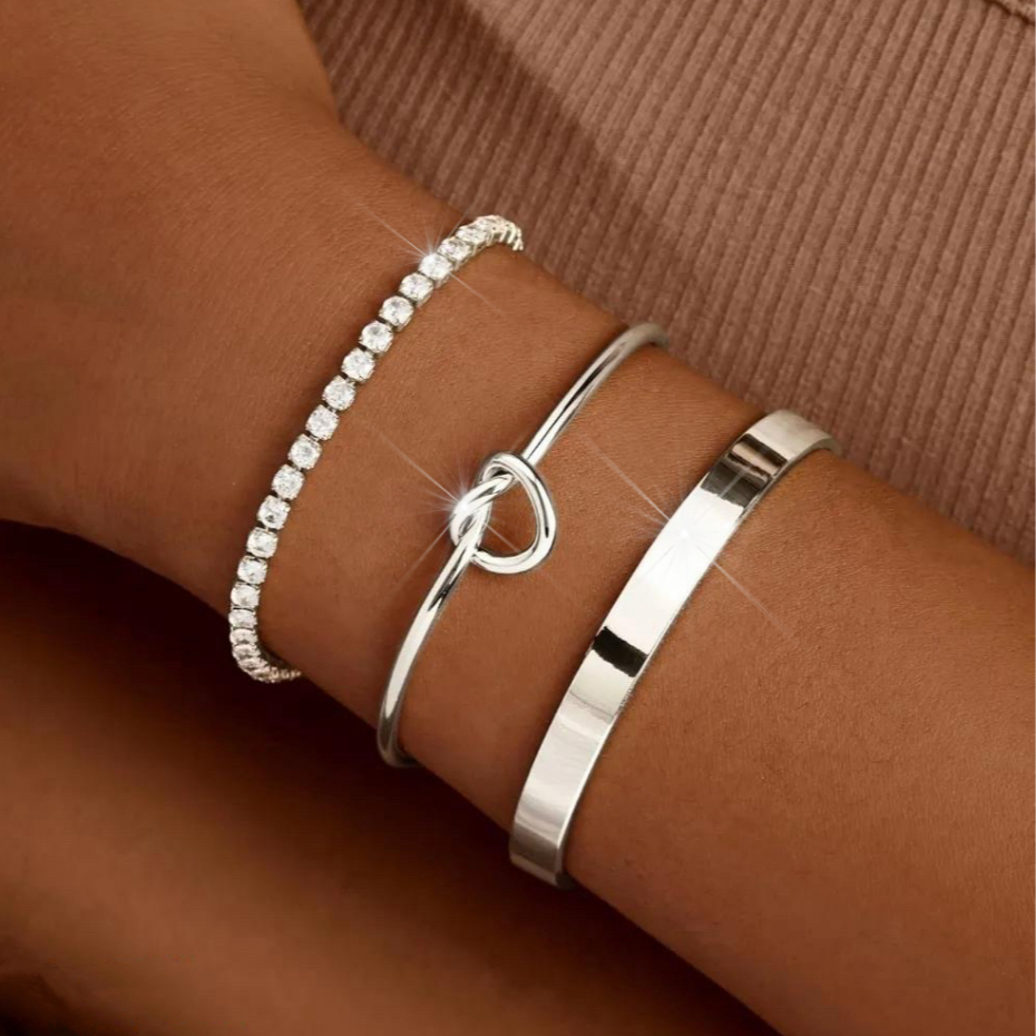Kit 3 pulseiras femininas em prata 925: pulseira com nó de coração + pulseira com brilho + pulseira com zircônias