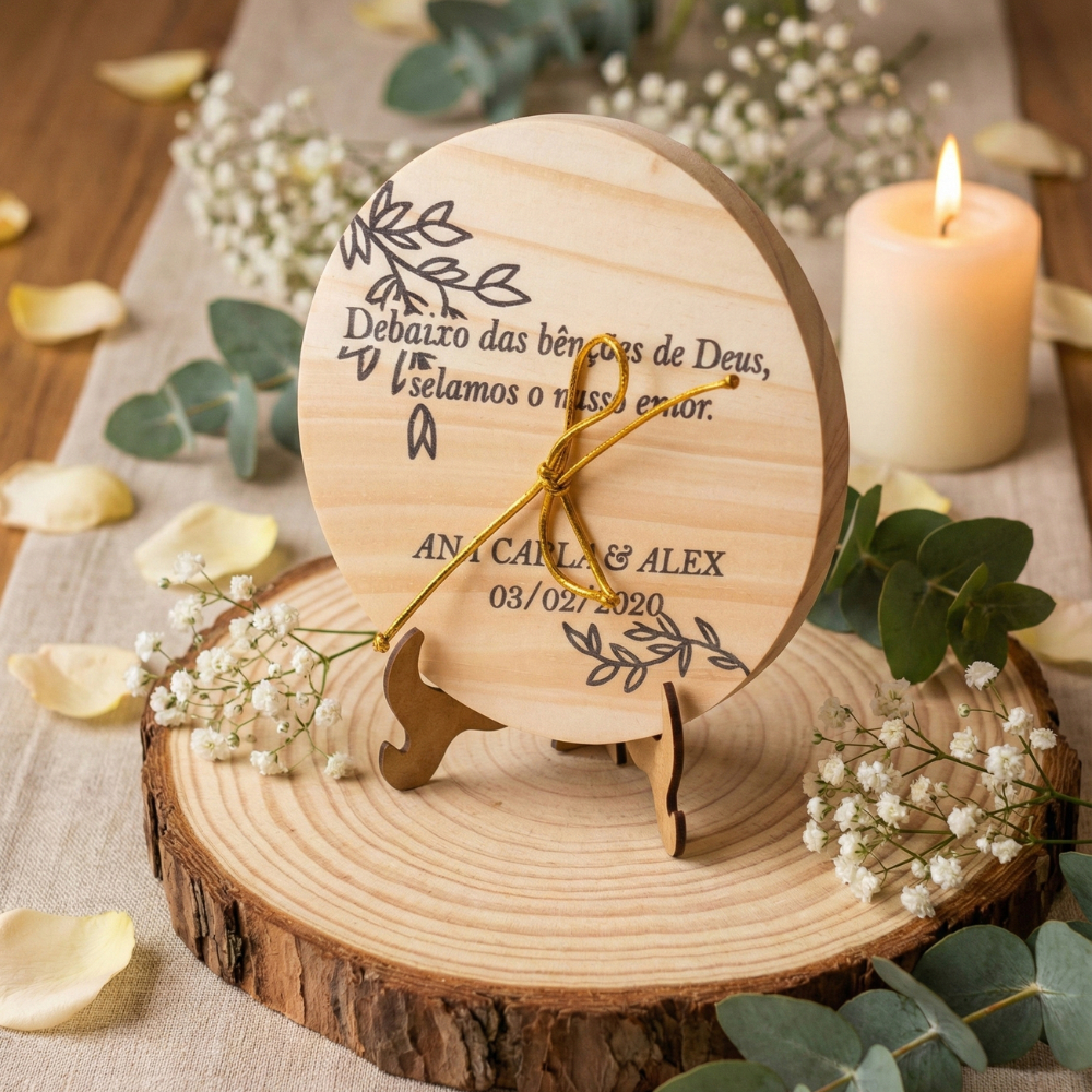 Porta Aliança Personalizado Para Casamento em Madeira Pinus com Suporte e Elastico com Envio 24H