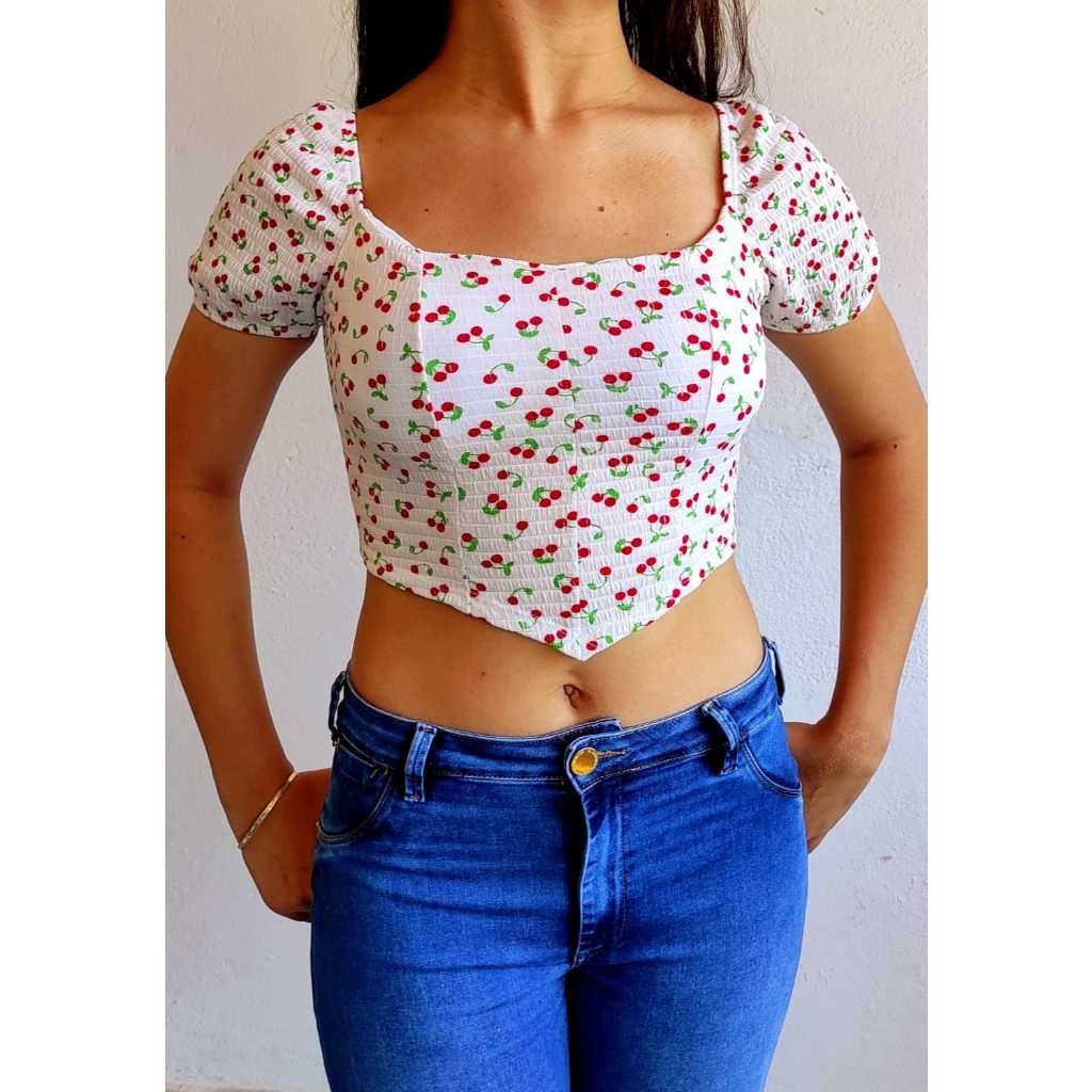 Blusa Cropped Feminina Com Bojo Florido Estampado Bico Estilo Corser Corseler Manga Moda estilo gringa Blogueira