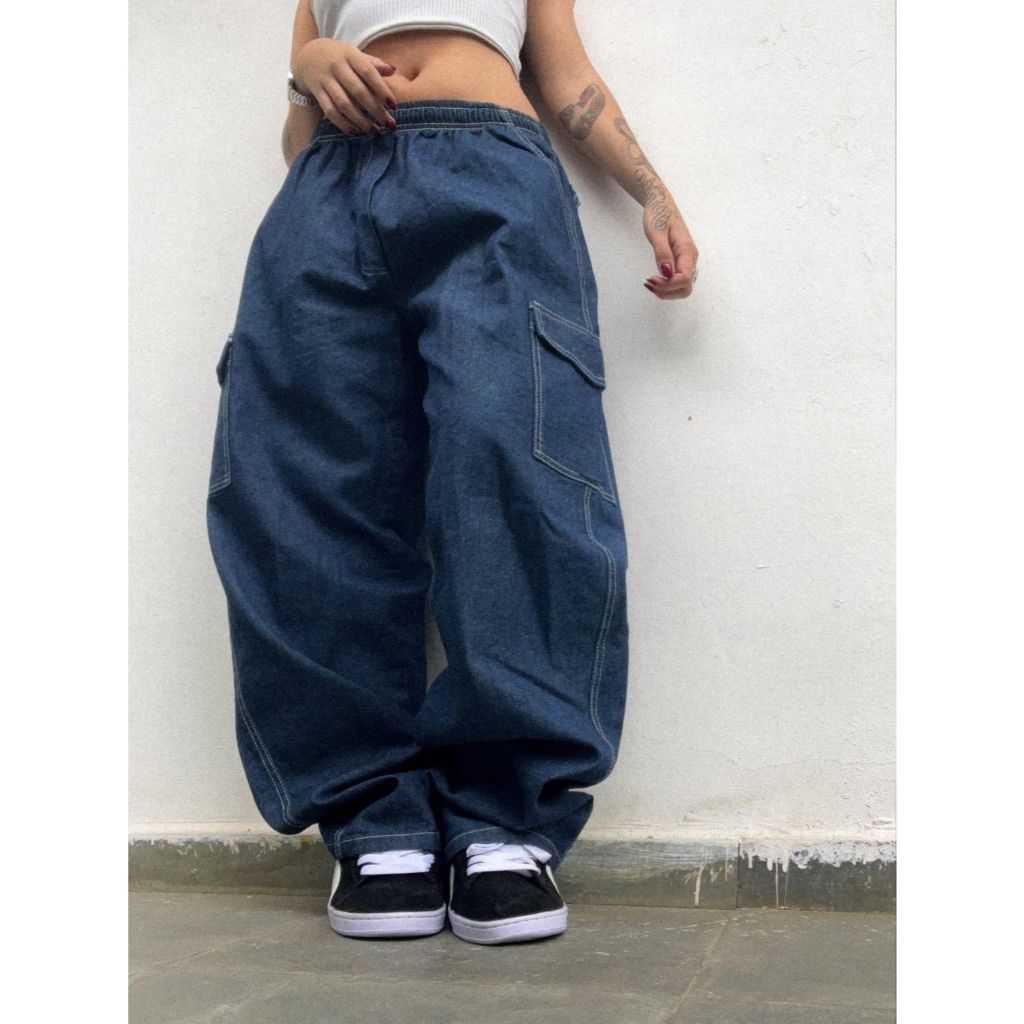 Calça Cargo Feminina jeans ou Sarja Fechamento No Cordão 6 Bolsos em Oferta na Shopee