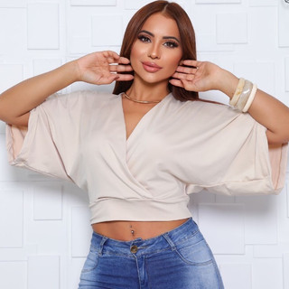 blusa transpassada  Envio Rápido cropped feminino decote v manga morcego