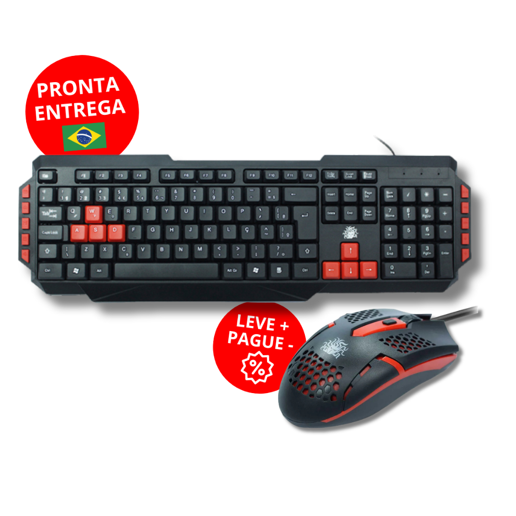 Teclado e Mouse Gamer ABNT2 Multimídia Lateral USB Teclas Vermelhas Destacadas